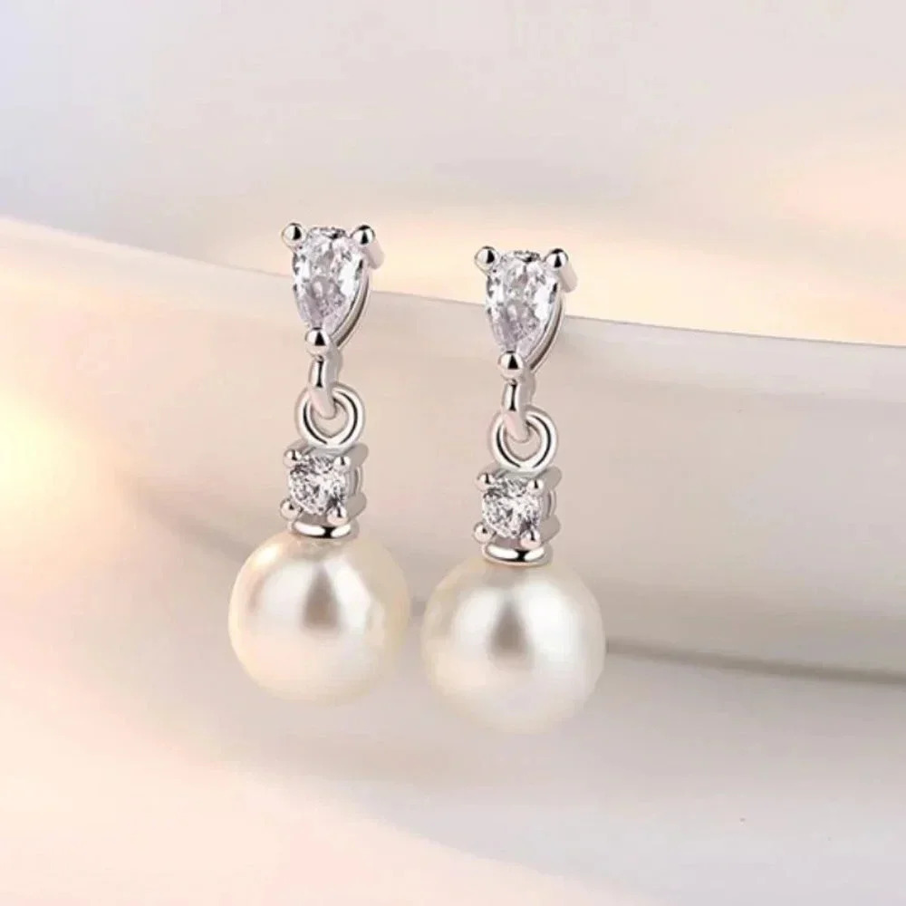 925 Sterling Silver White Diamond Pearl Earrings